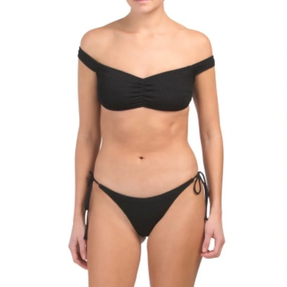NWT L*space Ziggy black crinkle stretch bikini top, off shoulder bandeau